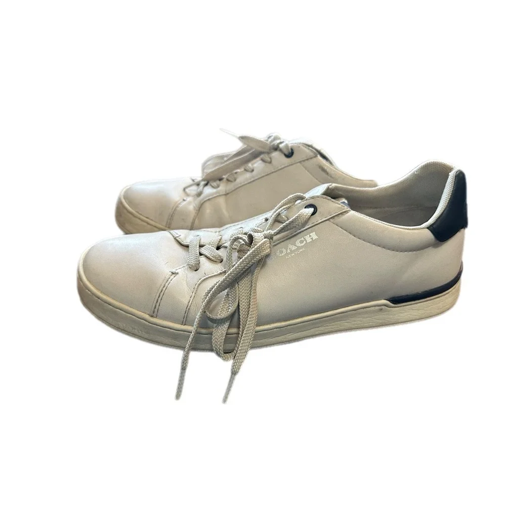 Coach C101 Low Top Sneakers Mens 10D‎ White Leather Navy Blue G4950